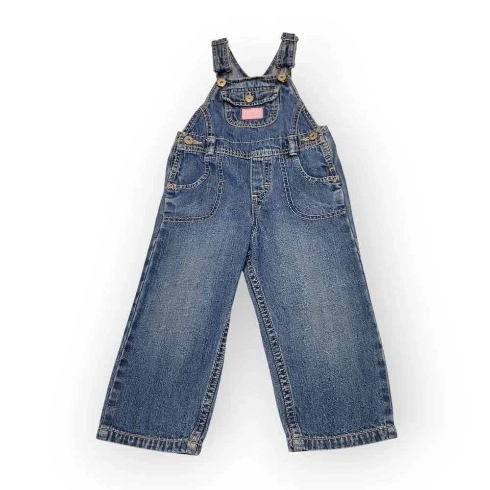 Oshkosh Vestbak Denim Blue Jean Kids Overalls Girls Pink Accents Size 2T
